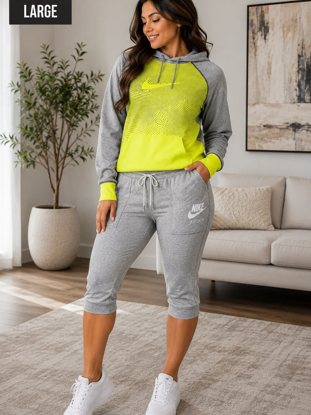 Nike Gray & Neon Yellow Women’s Capri Hoodie Jogger Set